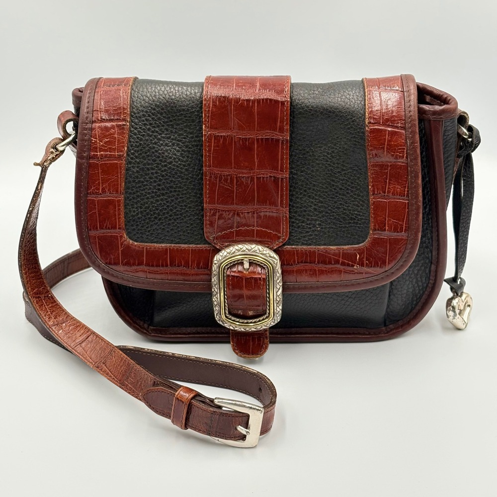 Brighton‎ Crossbody Bag Womens Green Brown Leather Croc Embossed Flap Boho